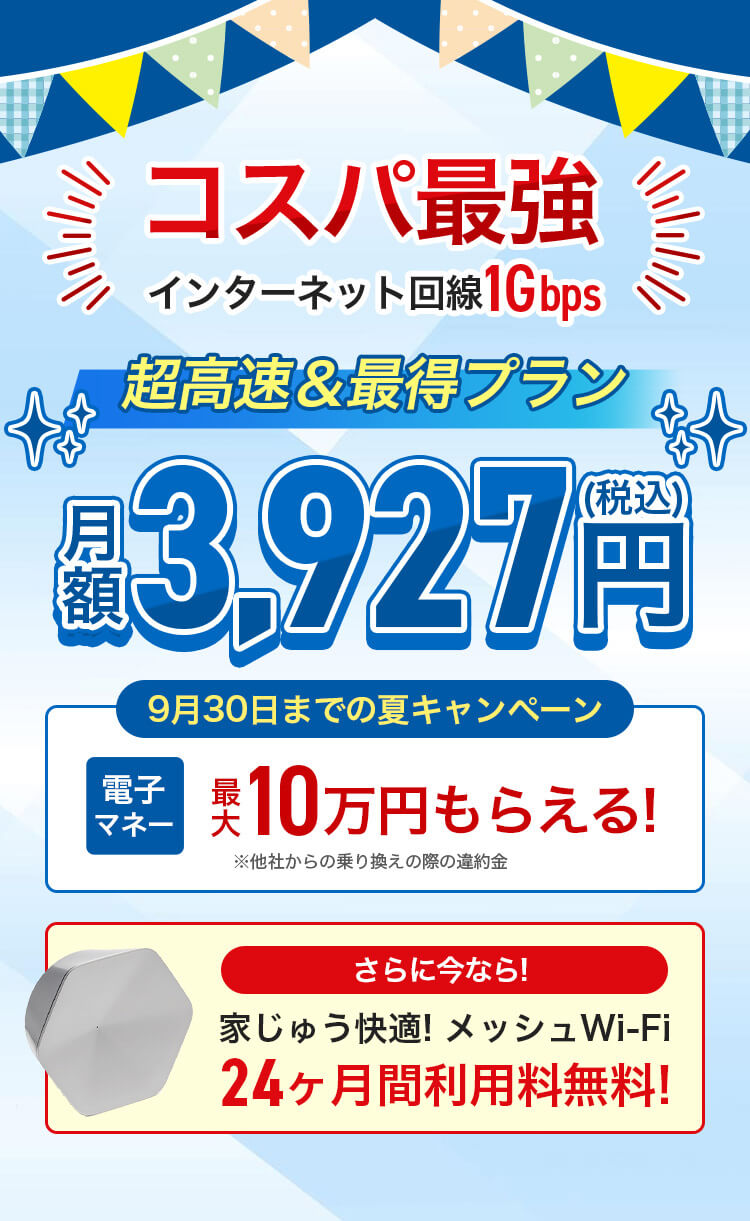 動画もサクサク!インターネット回線1Gbpsずーっと定額!地域最安級月額3,927円(税込)